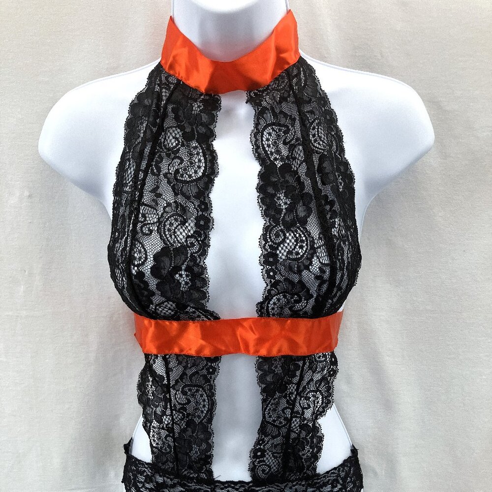 NWT AvidLove Halter Lace Babydoll Naughty Maid Outfit w/ Red Accents